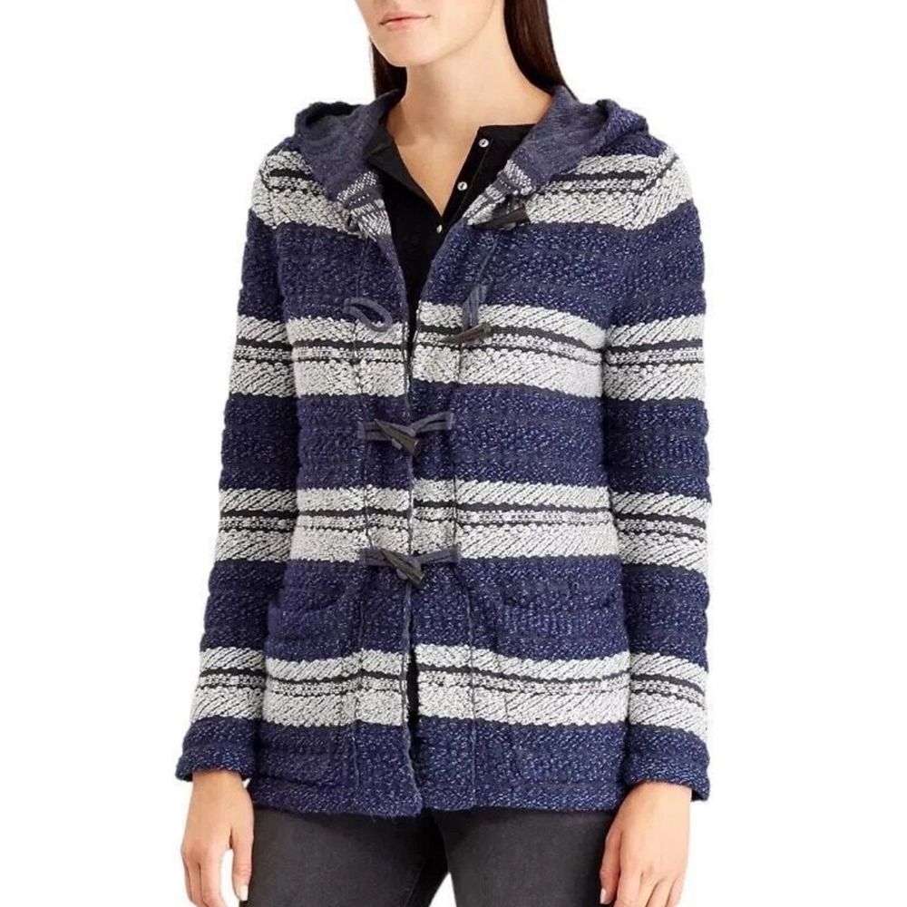 Chaps Blue White Striped Hooded Toggle Cardigan Sweater Nautical Baja‎ Rasta 1X